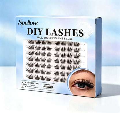 Spellove DIY Segment False Eyelashes, Individual Cluster False Eyelashes, 5 Pairs Combo Pack, Fluffy Volume Wispy Lashes, Reusable DIY False Eyelashes for Home Use