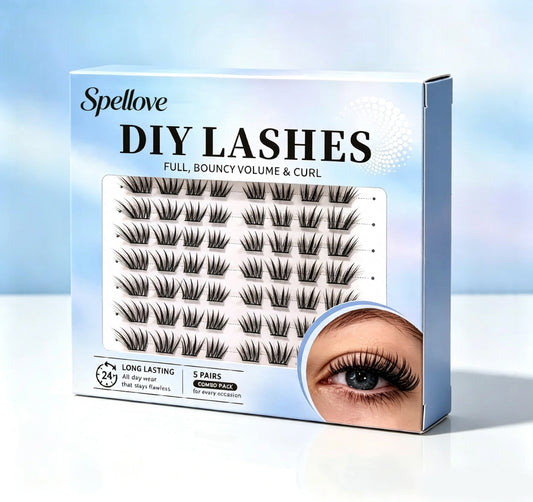 Spellove DIY Segment False Eyelashes, Individual Cluster False Eyelashes, 5 Pairs Combo Pack, Fluffy Volume Wispy Lashes, Reusable DIY False Eyelashes for Home Use