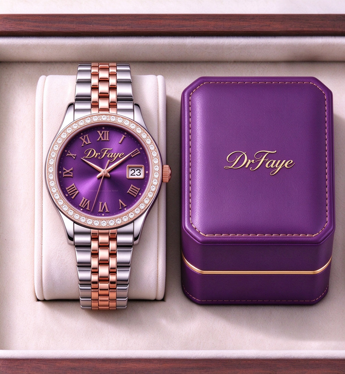 DrFaye Women's Quartz Watch, Two-Tone Stainless Steel Bracelet Wrist Watch with Purple Dial, Crystal Bezel and Date Window, Elegant Dress Watch for Ladies Gift