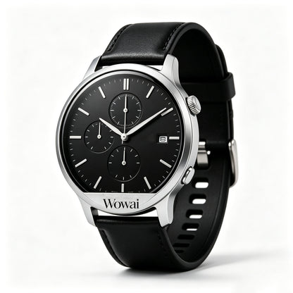 Wowai Men's Chronograph Watch, Black Dial Leather Strap Analog Wrist Watch with Date Display, Business Casual Dress Watch for Men