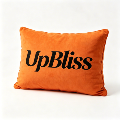 UpBliss Orange Velvet Throw Pillow with Black Embroidered Logo - Soft Decorative Cushion for Couch, Bed, Living Room & Bedroom