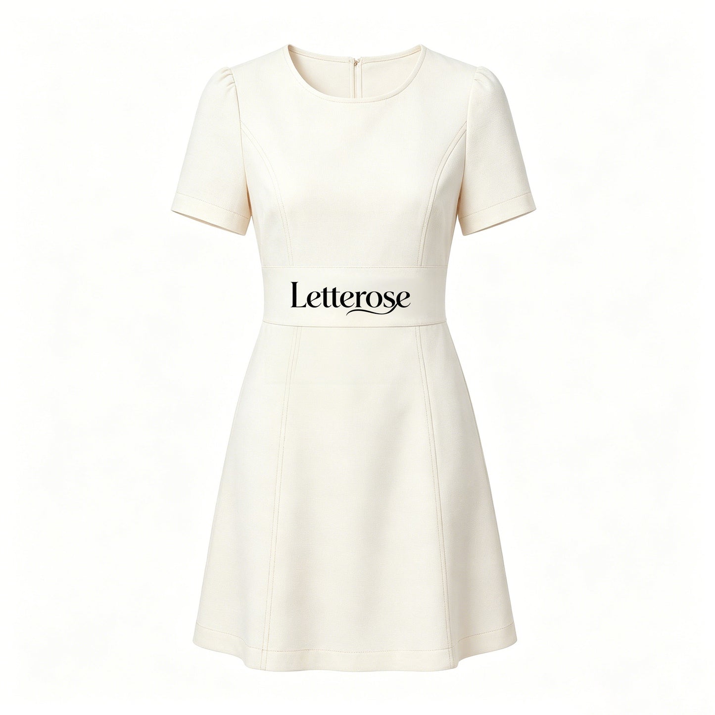 Letterose Women Short Sleeve Round Neck Mini Dress, Elegant Waist Slimming A Line Flare Dress Business Casual Office Wedding Guest Short Dress
