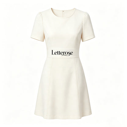 Letterose Women Short Sleeve Round Neck Mini Dress, Elegant Waist Slimming A Line Flare Dress Business Casual Office Wedding Guest Short Dress