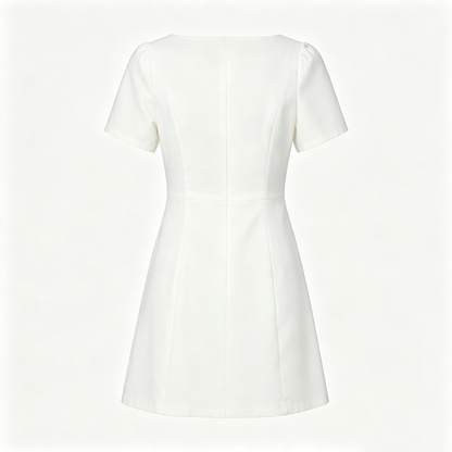 Clapretty Solid White Short Sleeve Mini Dress, Elegant Square Neck Casual Party A‑Line Dress for Women
