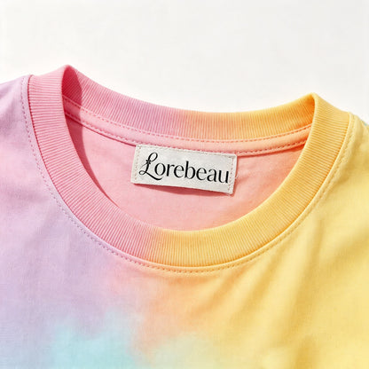 Lorebeau Pastel Rainbow Tie‑Dye Short Sleeve T‑Shirt, Women Crew Neck Casual Ombre Tee, Soft Lightweight Fashion Summer Top for Daily Holiday Street Outfits