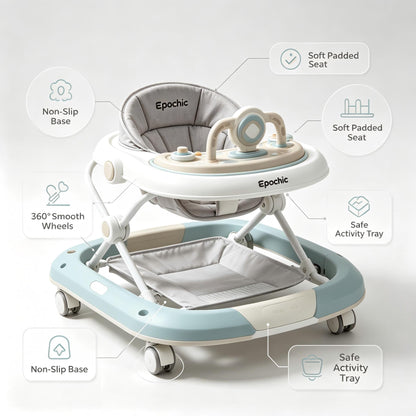 Epochic Foldable Anti-Rollover Baby Walker, Adjustable Height Baby Activity Walker with Music Play Tray, Non-Slip Base Comfort Padded Seat, Toddler Learning Walking Toy for Infants