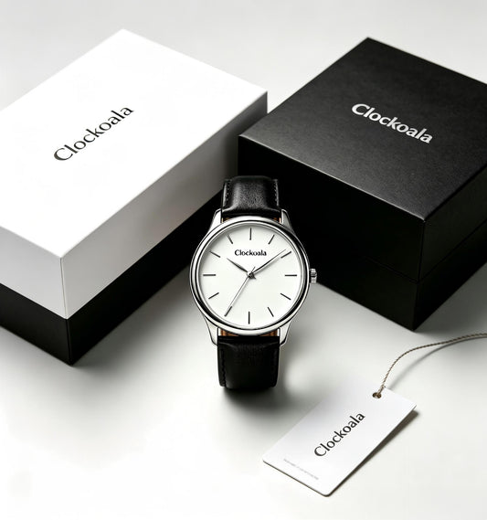Clockoala Minimalist Analog Leather Watches for Men Women, Slim Silver Case Quartz Wrist Watch, Waterproof Simple Dial Dress Watch with Brand Gift Box