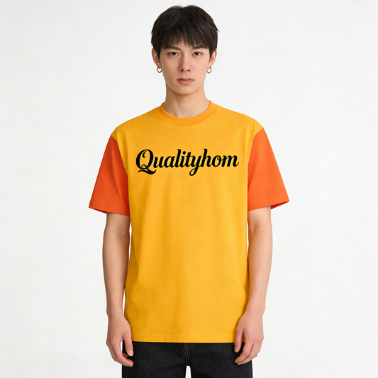 【Qualityhom Two-Tone Color-Block Logo T-Shirt】—— Bold & Casual Streetwear Staple