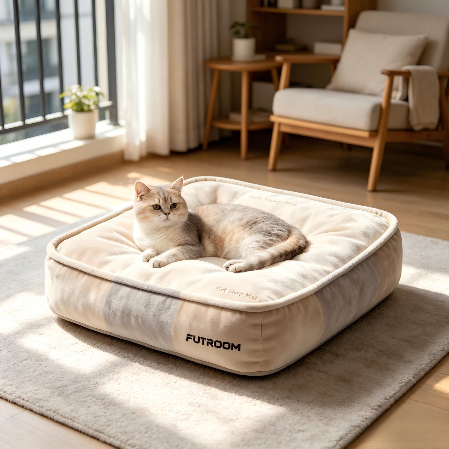 FUTROOM Square Plush Pet Cushion Bed, Thick Fluffy Washable Pet Sleeping Mat, Soft Cozy Pet Floor Cushion for Cats Small Medium Dogs