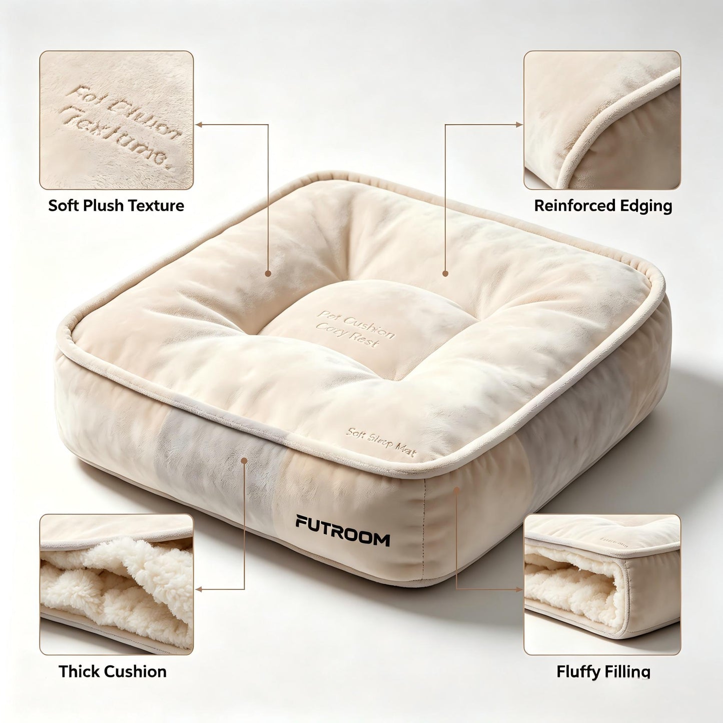 FUTROOM Square Plush Pet Cushion Bed, Thick Fluffy Washable Pet Sleeping Mat, Soft Cozy Pet Floor Cushion for Cats Small Medium Dogs
