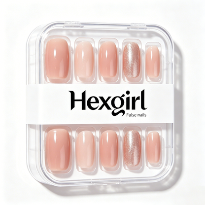 Hexgirl Nude Glitter Ombre Press On Nails, Medium Oval Glossy Fake Nails, Natural Reusable Neutral Shimmer Stick On Nail Kit for Daily Office Wedding Manicure