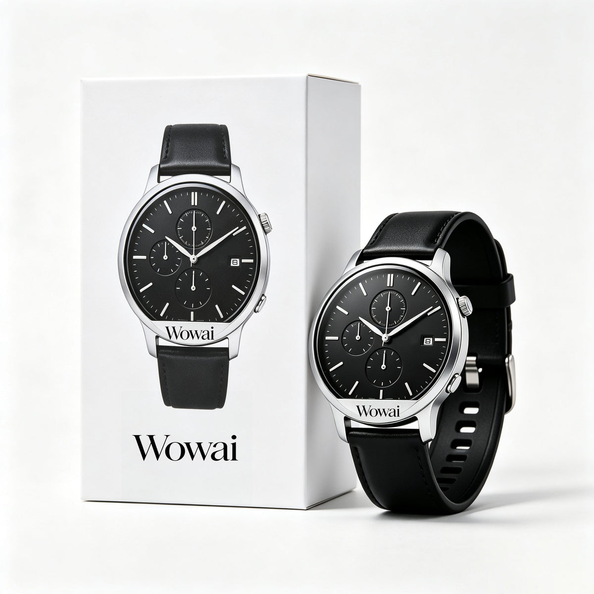 Wowai Men's Chronograph Watch, Black Dial Leather Strap Analog Wrist Watch with Date Display, Business Casual Dress Watch for Men
