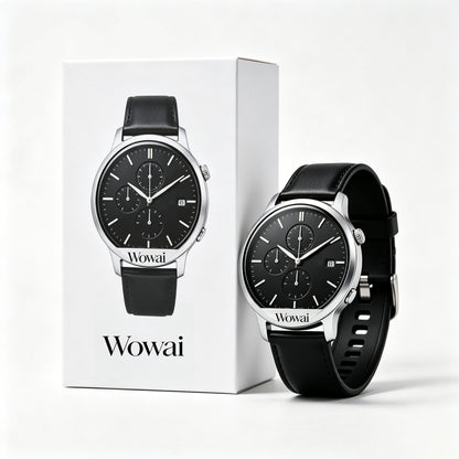 Wowai Men's Chronograph Watch, Black Dial Leather Strap Analog Wrist Watch with Date Display, Business Casual Dress Watch for Men