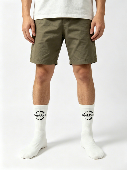 SeekRich Crew Socks for Men Women - Classic White Cotton Mid-Calf Socks with Black Logo Print, Breathable Casual Streetwear Socks for Everyday Wear