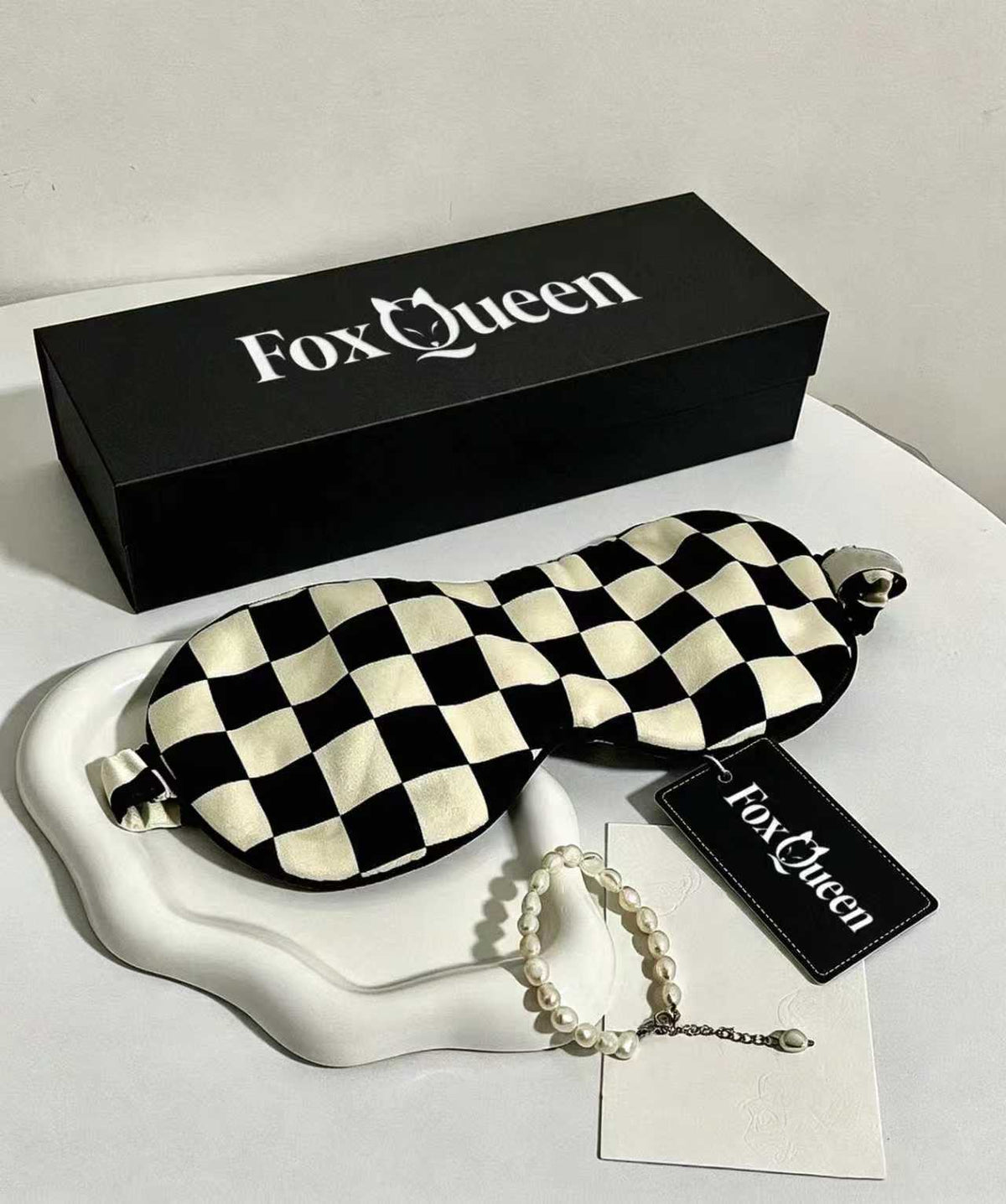 FoxQueen Checkered Imitation Silk Sleep Mask, Adjustable Strap Light Blocking Blindfold, Comfort Eye Cover for Nap Travel Night Sleep