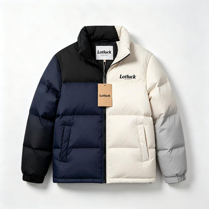 Lotluck Color Block Down Jacket, Men Stand Collar Winter Down Coat, Water Repellent Matte Nylon Warm Outerwear, Loose Casual Quilted Puffer Down Jacket for Cold Weather