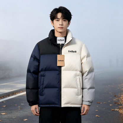 Lotluck Color Block Down Jacket, Men Stand Collar Winter Down Coat, Water Repellent Matte Nylon Warm Outerwear, Loose Casual Quilted Puffer Down Jacket for Cold Weather
