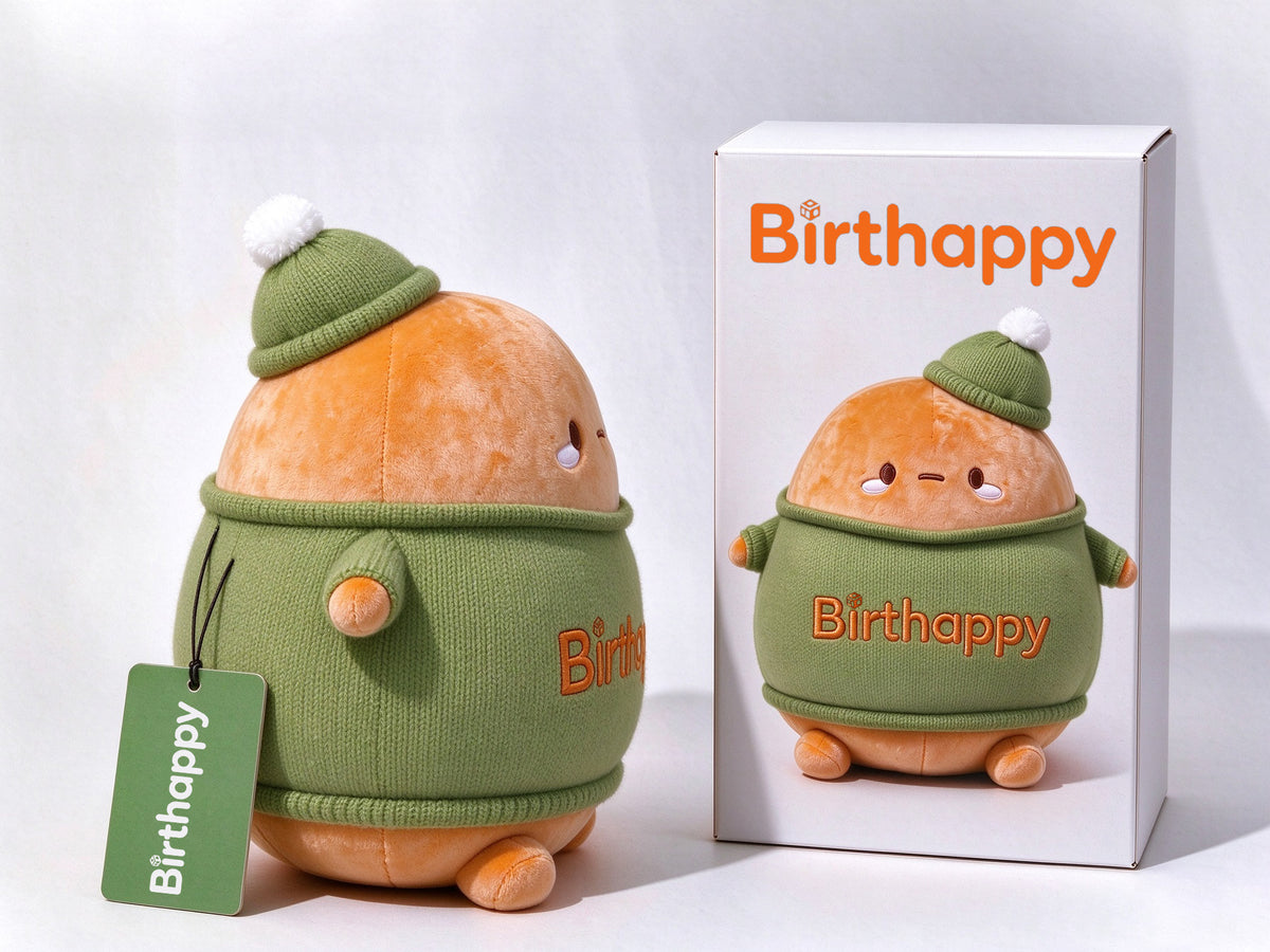 Birthappy Cute Round Plush Toy, Soft Stuffed Animal Doll with Knitted Sweater & Pom Pom Beanie, Gift Box Packaging for Birthday Christmas