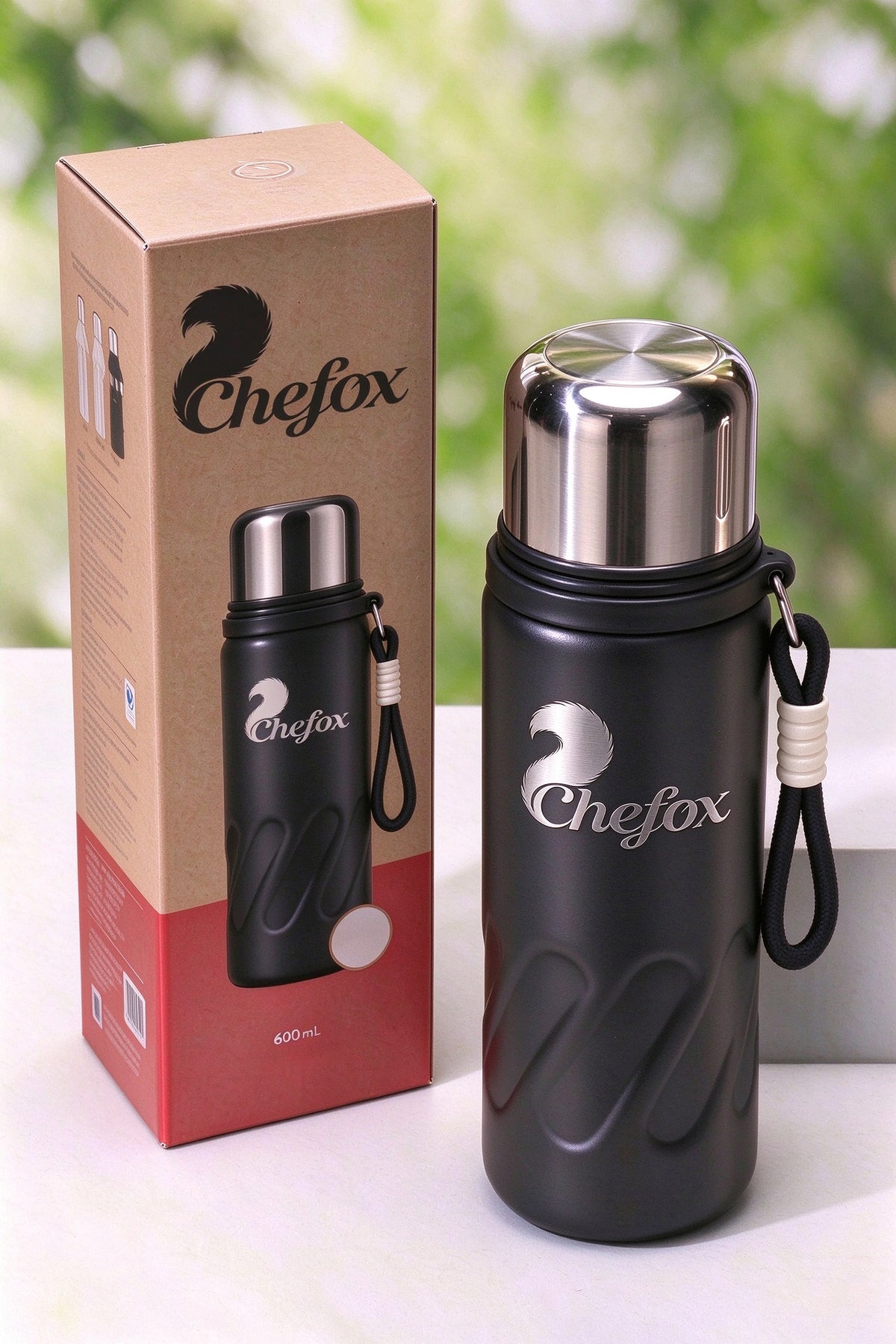 Chefox 600ml Stainless Steel Vacuum Insulated Mugs, Leak Proof Travel Thermos with Carry Strap, Double Wall Reusable Thermal Flask for Outdoor Camping Hiking