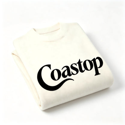Coastop Off-White Crewneck Knit Sweater, Unisex Letter Print Loose Pullover, Casual Warm Top for Fall Winter