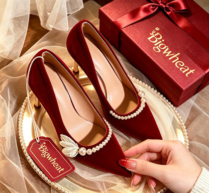 Bigwheat Women's Red Velvet High Heels, Pointed Toe Pearl Embroidery Flower Pumps, Stiletto Heel Bridal Wedding Shoes for Party Banquet