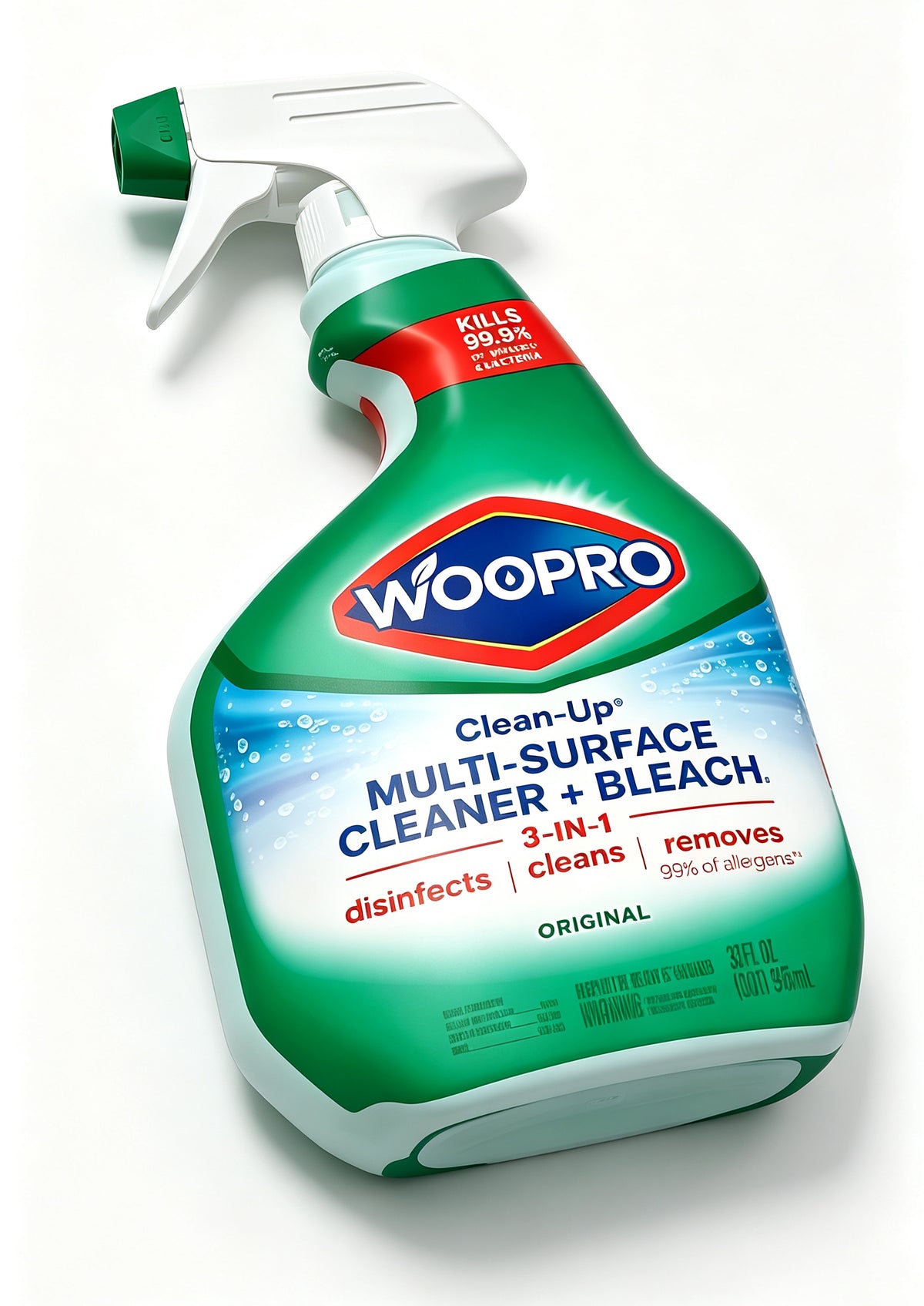 WOOPRO Clean-Up Multi-Surface Cleaner with Bleach, 3-in-1 Disinfecting Spray, Kills 99.9% of Viruses & Bacteria, Removes 99% Allergens, Original Scent