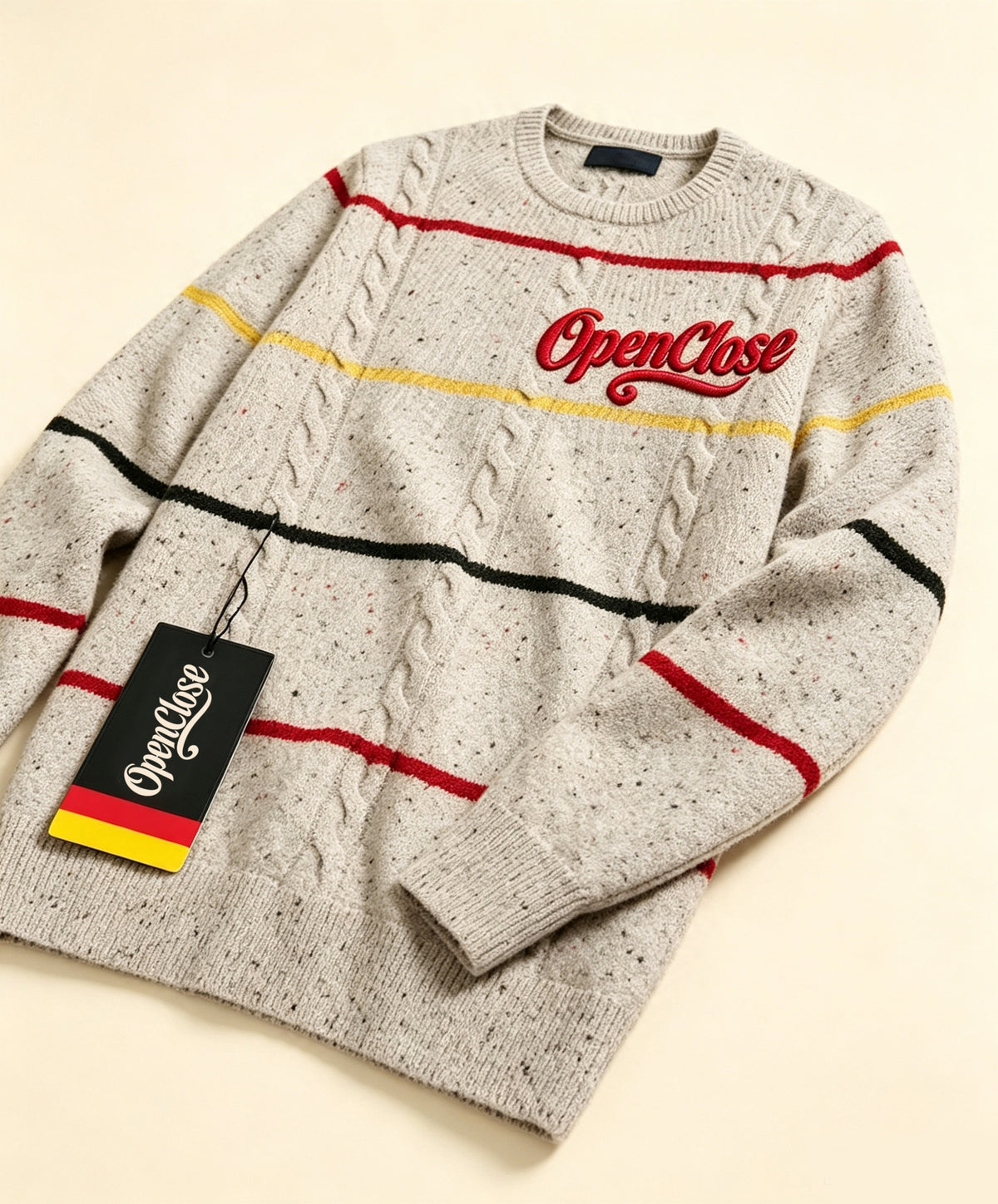 OpenClose Men's Cable Knit Crew Neck Sweater, Color Striped Speckled Knit Pullover Long Sleeve Casual Jumper for Fall Winter