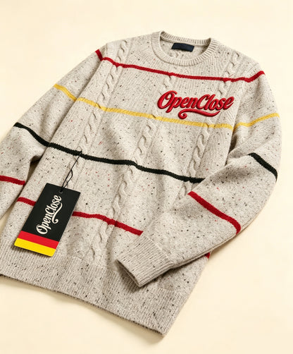 OpenClose Men's Cable Knit Crew Neck Sweater, Color Striped Speckled Knit Pullover Long Sleeve Casual Jumper for Fall Winter