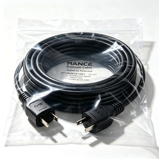 MANCE 10 FT Heavy Duty Extension Cord, 15A 125V 1875W Electric Power Cable, Durable PVC Jacket Flexible Black Power Cord for Indoor Household Workshop Equipment