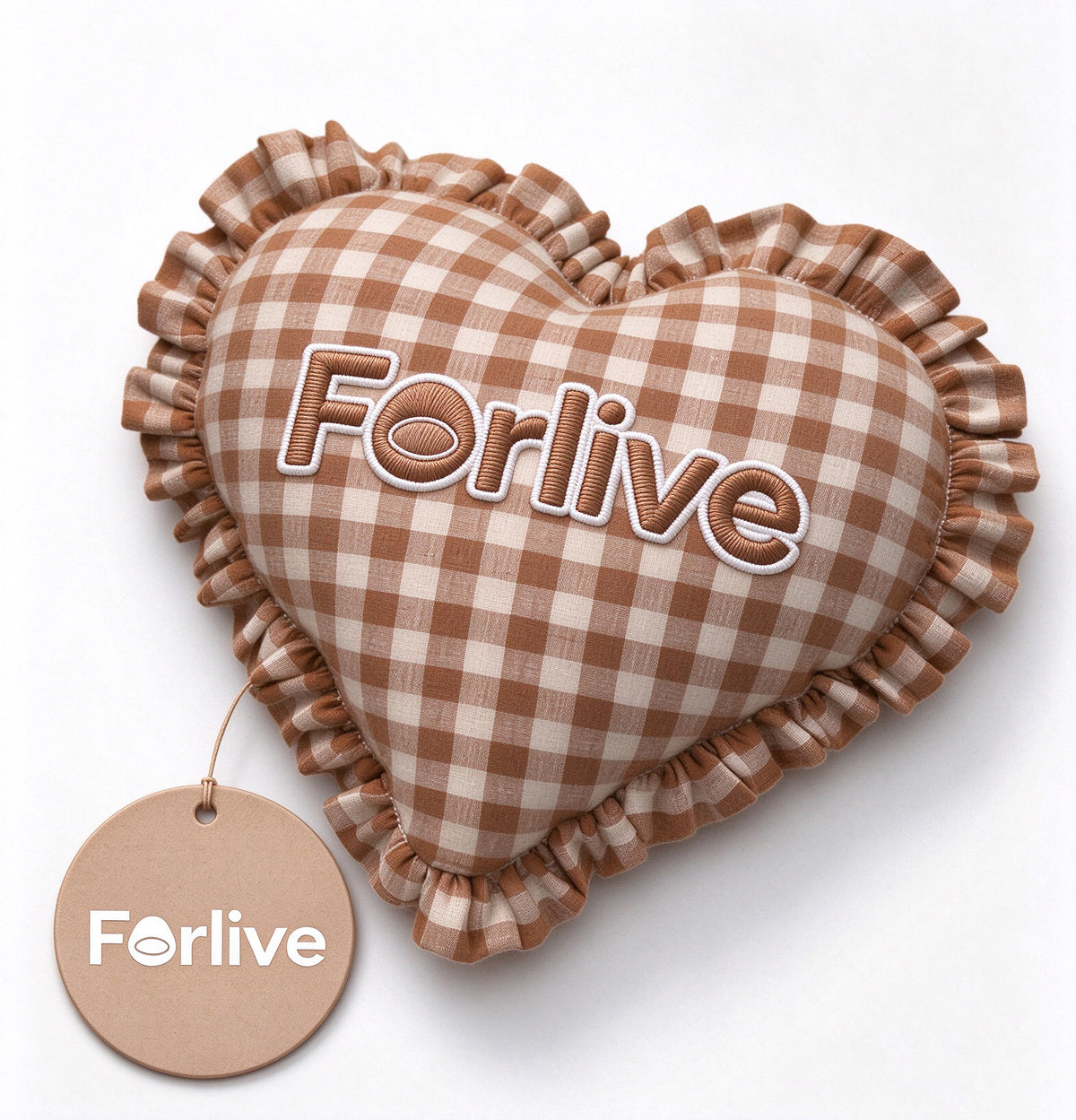 Forlive Heart Shape Throw Pillow, Brown Gingham Ruffled Decorative Cushion for Sofa Bed Farmhouse Home Decoration