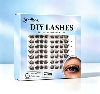 Spellove DIY Segment False Eyelashes, Individual Cluster False Eyelashes, 5 Pairs Combo Pack, Fluffy Volume Wispy Lashes, Reusable DIY False Eyelashes for Home Use
