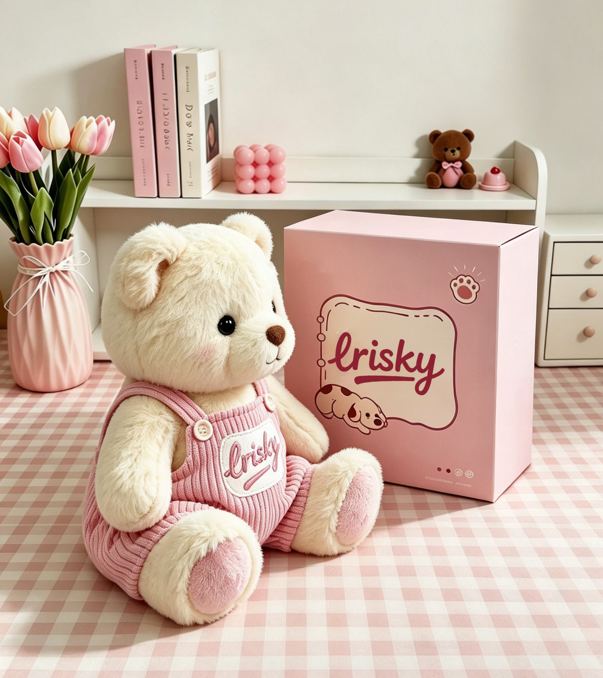 lrisky cute teddy bear plush doll with gift box, soft stuffed animal bear wearing pink overalls, birthday gift for girls & kids