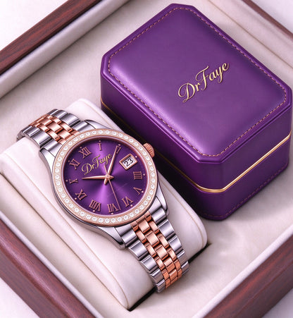 DrFaye Women's Quartz Watch, Two-Tone Stainless Steel Bracelet Wrist Watch with Purple Dial, Crystal Bezel and Date Window, Elegant Dress Watch for Ladies Gift