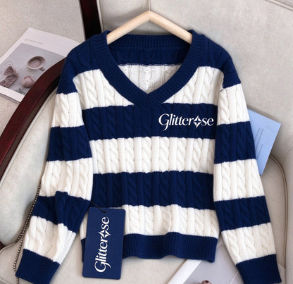 Glitterose Women's V Neck Cable Knit Sweater, Navy White Striped Long Sleeve Pullover Casual Loose Fit Jumper for Fall Winter