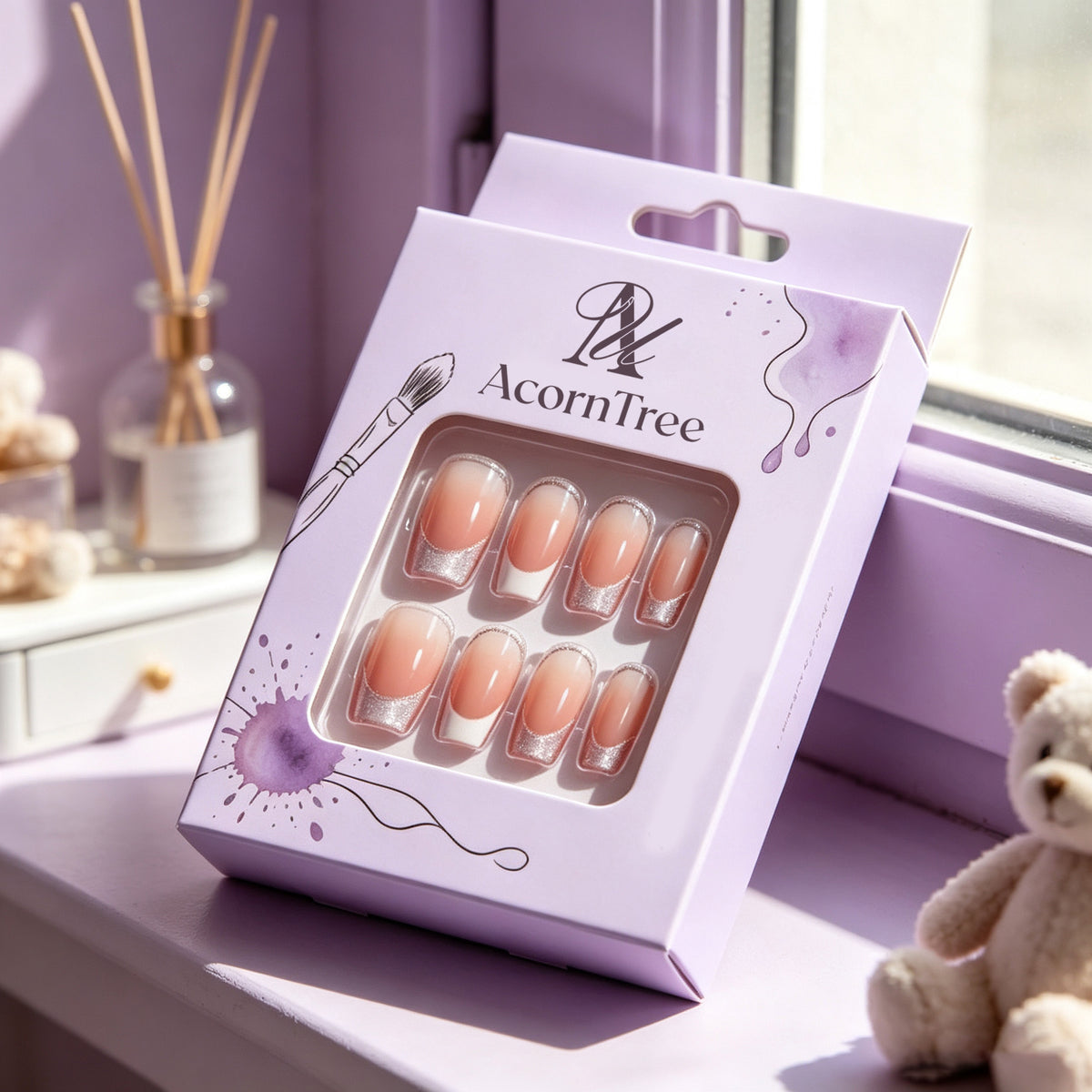 AcornTree Nude Glitter French Press On Nails, Medium Coffin Fake Nails, Reusable Stick On Nail for Women Daily Party Wear