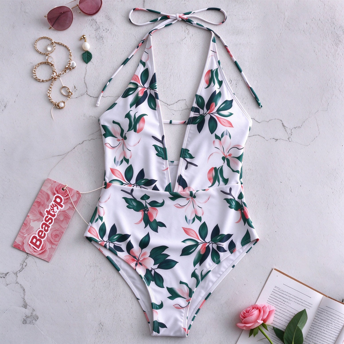 Beastop Women's Floral One Piece Swimsuit Deep V Halter Tie Back Tummy Control Bathing Suit for Beach Pool