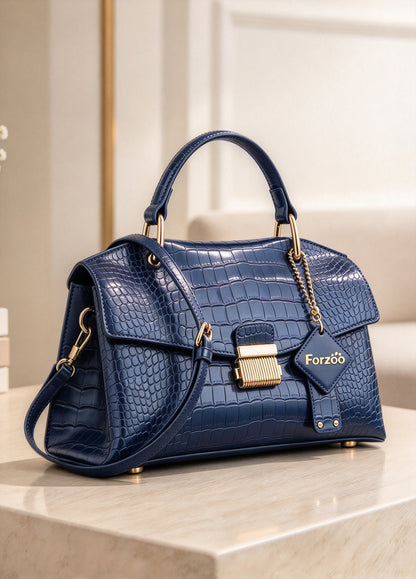 Forzoo Ladies' Handbags, Crocodile Pattern Top Handle Satchel, Elegant PU Leather Shoulder Crossbody Bag with Detachable Strap, Classic Flap Lock Purse for Daily Work Party