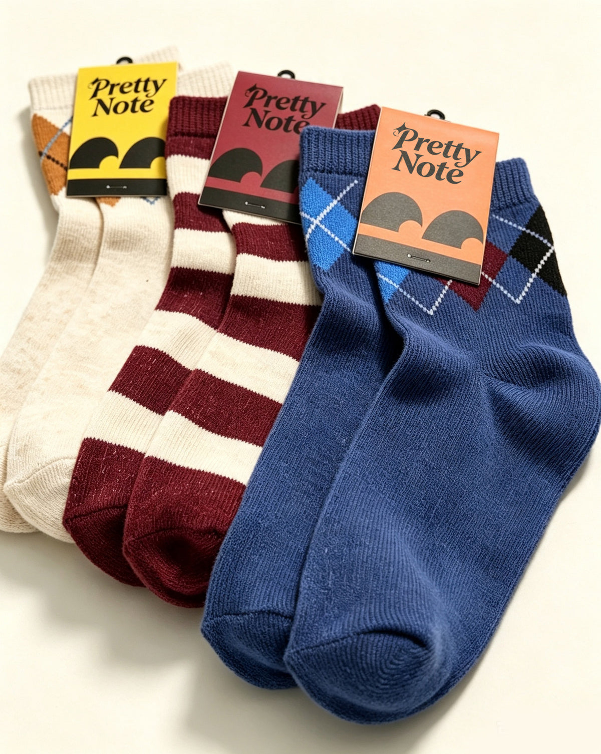 Pretty Note Women's Vintage Mid Calf Socks, 3 Pairs Retro Argyle & Striped Knit Crew Socks, Casual Preppy Style Cotton Socks for Daily Wear