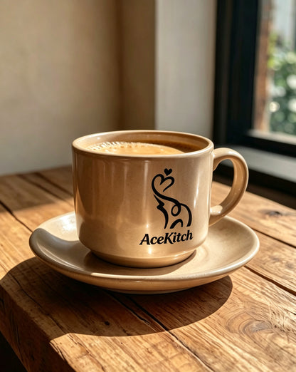 AceKitch Ceramic Coffee Mug with Saucer Set, Speckled Beige Espresso Cup, Stylish Latte Tea Cup for Home Kitchen Office, Ideal Gift for Coffee Lovers