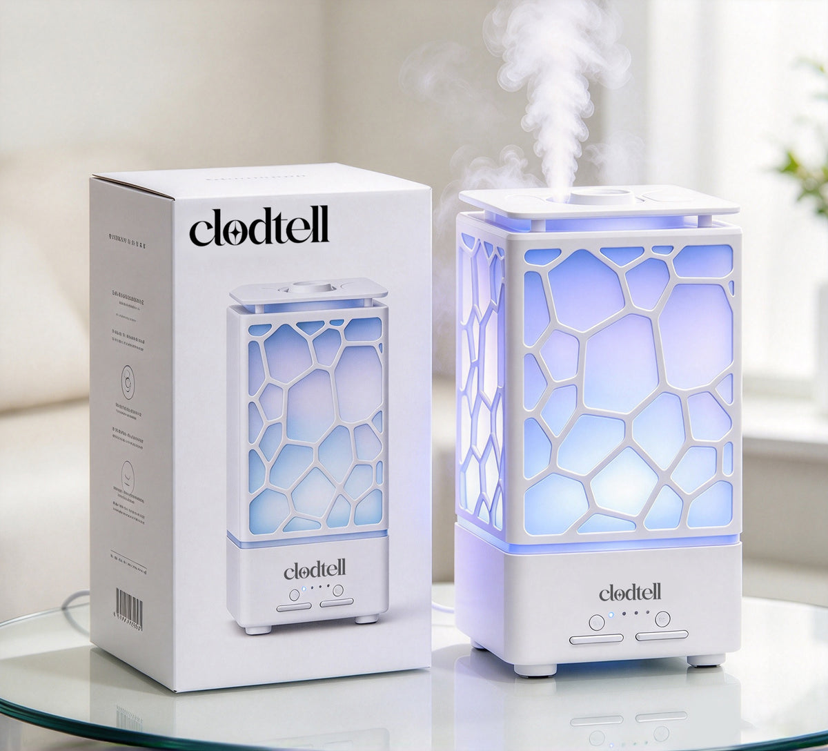 clodtell Ultrasonic Cool Mist Humidifier, Color Changing LED Night Light, 2 Mist Modes, Waterless Auto Shut-Off, Hollow Geometric Desktop Humidifier for Bedroom Home Office