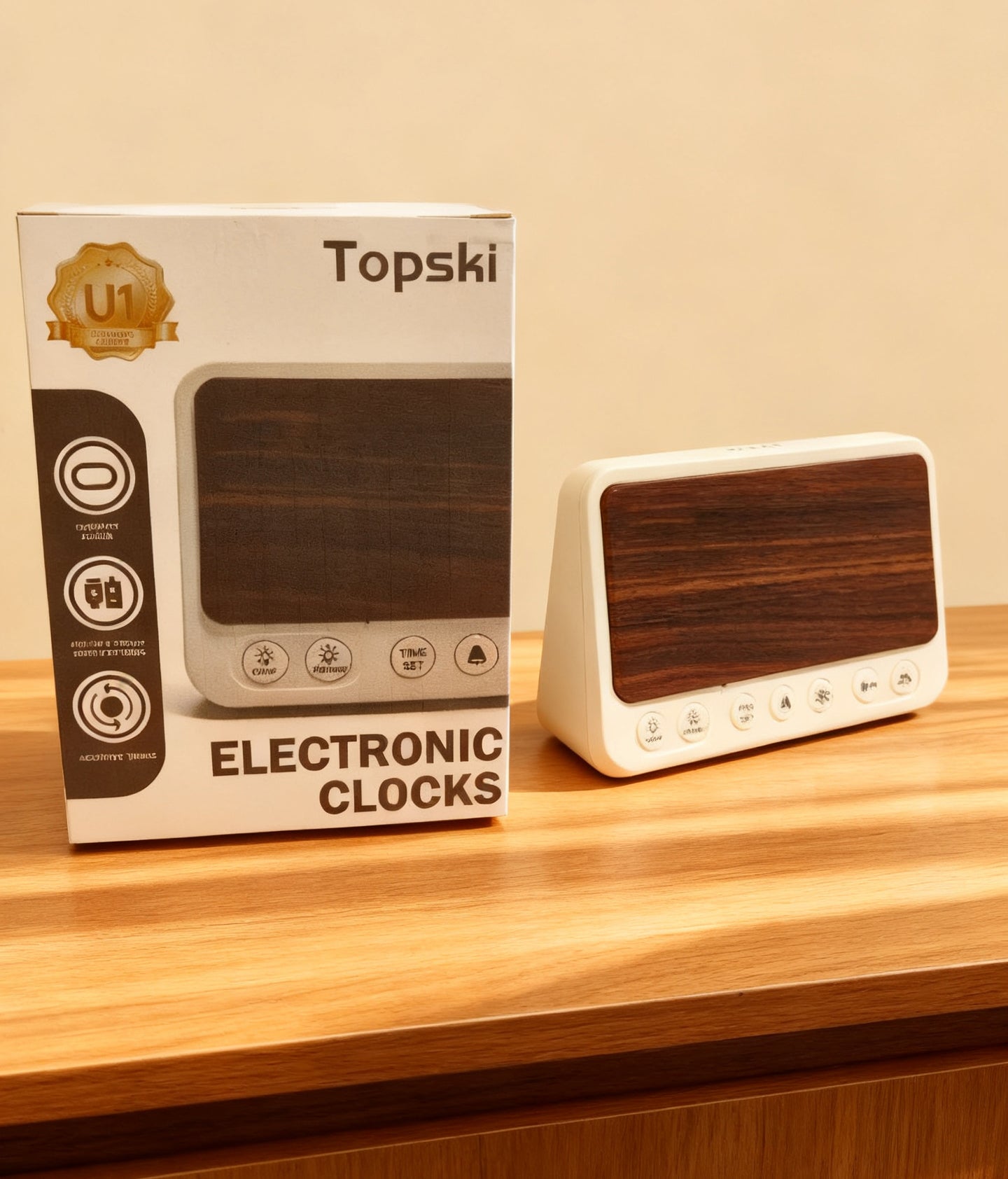 Topski Wooden Texture Electronic clocks, Adjustable LED Brightness Snooze Alarm Clock with USB Charging Port, Dual Power Supply Bedroom Bedside Electronic Clock for Students, Office Workers, Home Decor
