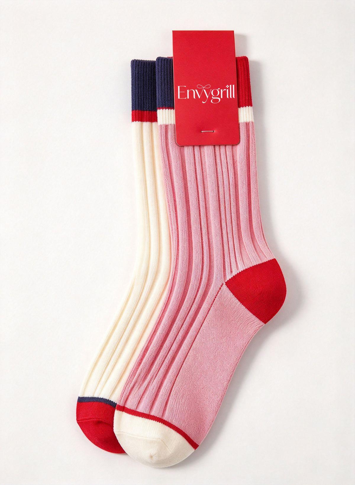 Envygrill Women's Color Block Crew Socks, Vertical Ribbed Casual Mid Calf Socks, Soft Preppy Style Fashion Socks for Daily Wear 2 Pairs