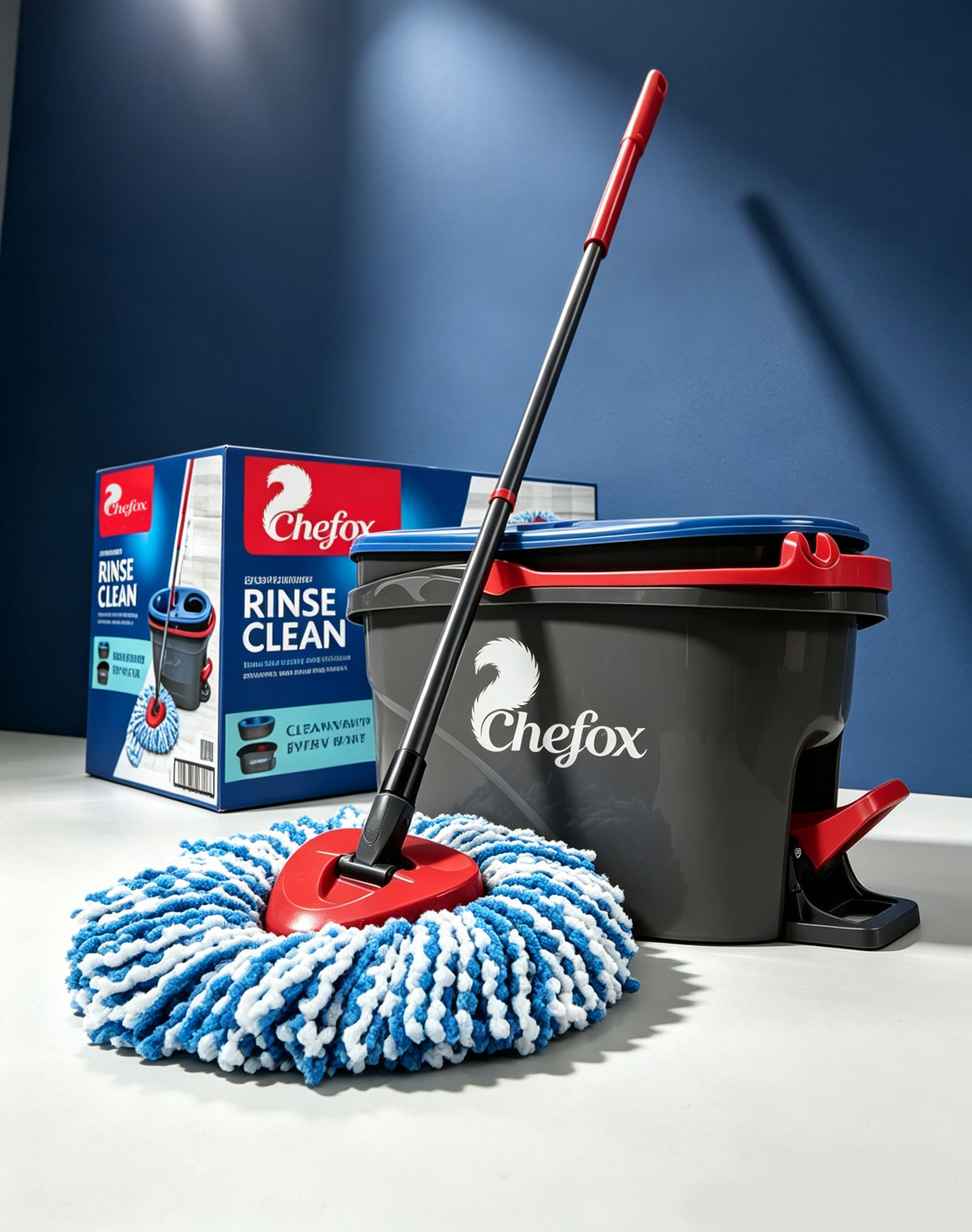 Chefox Spin Mop and Bucket System, Dual Chamber Floor Mop with Microfiber Mop Head, Foot Pedal Wringer, for Hardwood Tile Floors, Home Cleaning Supplies