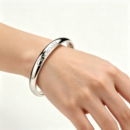 Clockoala Polished Silver Open Cuff Bracelets, Minimalist Engraved Brand Name Bangle Bracelet, Adjustable Tarnish Resistant Metal Bracelets Jewelry Gift for Women Men