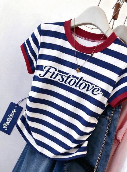 Firstolove Women's Striped Short Sleeve T-Shirt, Color Block Crew Neck Slim Fit Tee, Side Ruched Casual Summer Top
