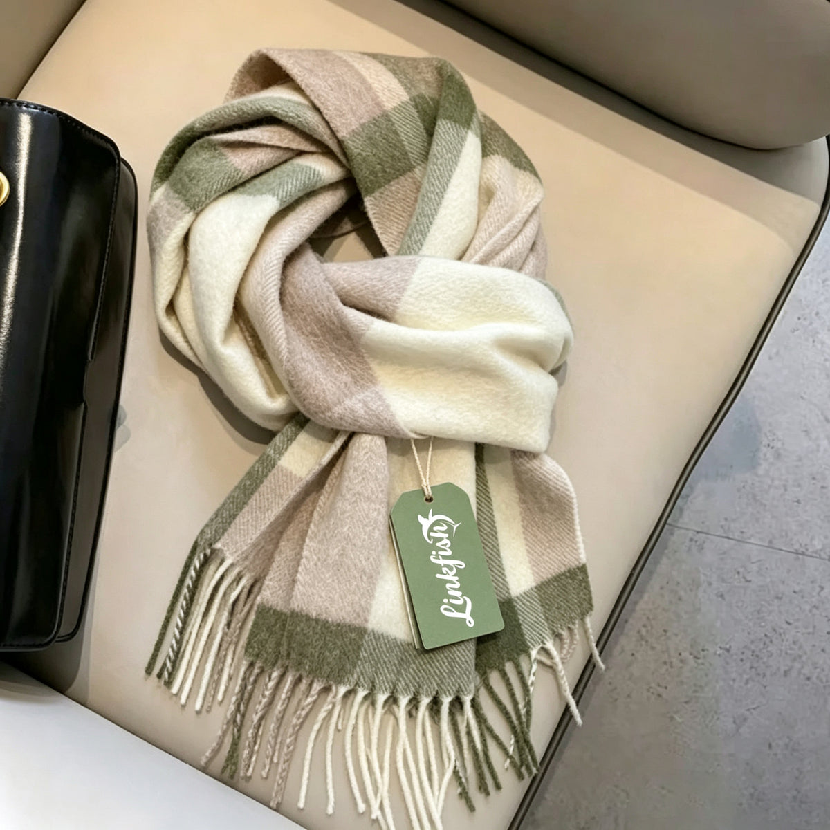 Linkfish Women Plaid Scarf, Soft Thick Tassel Shawl Wrap, Classic Green Beige Check Scarves, Large Warm Blanket Scarf for Fall Winter, Fashion Ladies Neck Scarf