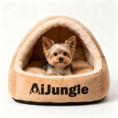AiJungle Cozy Cave Dog Bed, Soft Plush Hooded Pet Bed for Small Dogs & Cats, Warm Semi-Enclosed Nest with Non-Slip Bottom, Beige