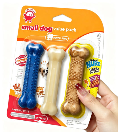 FREECITY Pet Toys, 3 Pack Small Dog Chew Toys Value Pack, Bone Shape Nylon & Edible Dog Chews, Bacon & Chicken Flavor, for Puppies & Small Dogs Up to 15 Lbs, Dental Cleaning Teething Toys