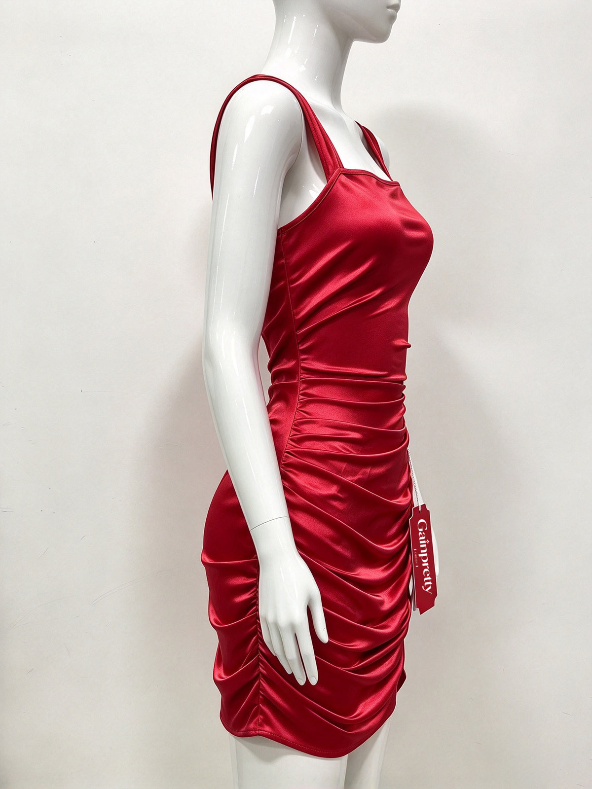 Gainpretty Women's Satin Slip Mini Dress, Square Neck Spaghetti Wide Strap Bodycon Ruched Short Dress, Cocktail Party Club Night Out Dresses