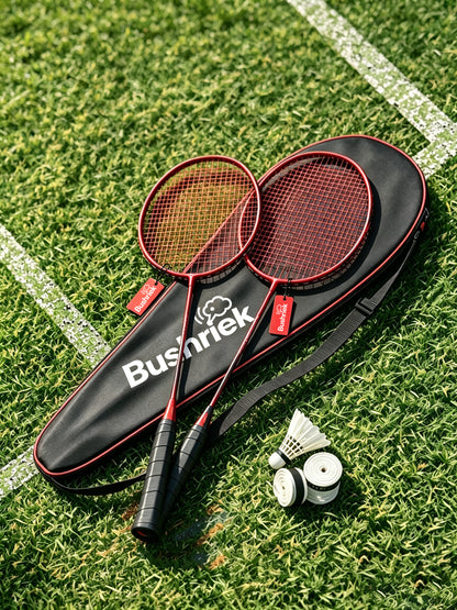 Bushriek Badminton Rackets Set of 2, Lightweight Carbon‑Fiber Shuttlecock Game Kit with Carry Bag, 1 Shuttlecock & 3 Overgrips, for Adults, Beginners & Recreational Outdoor Play